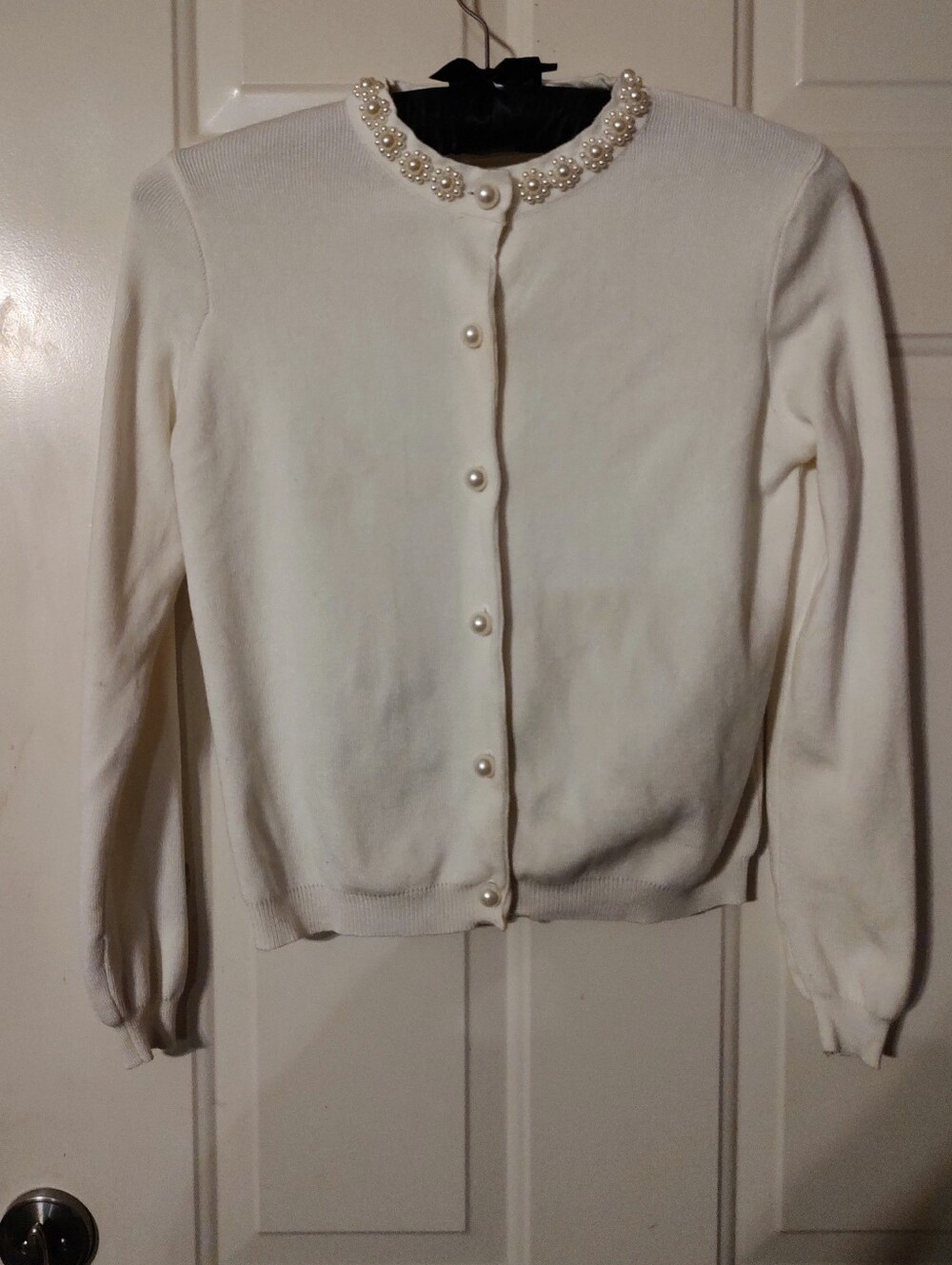 🎀🌹🎀 Dazzling Elaborate Faux Pearl Chantilly Cream Ivory Sweater Cardigan - M - Picture 11 of 16